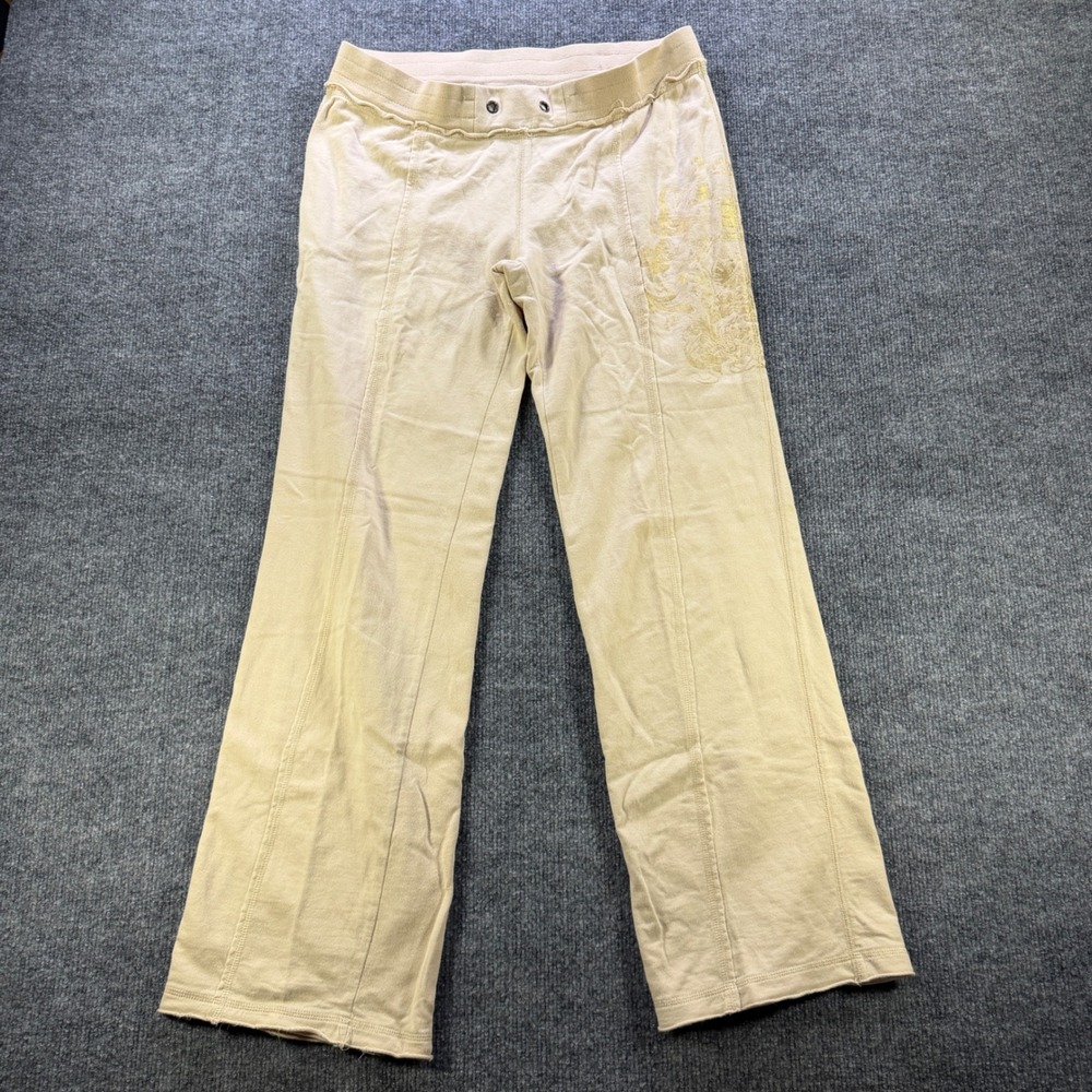 Hale Bob Paris-Leles Beige Cotton Sweatpants Gold Foil Graphic Wide Leg Medium